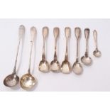 Group of five white metal fiddle and thread pattern salt spoons,