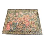 Antique 16th century-style hand-painted fabric wall hanging, depicting woodsmen,