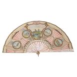 Victorian painted silk fan with mother of pearl sticks,