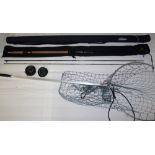 Salmon fishing tackle comprising 14 foot #9-10 3 piece Daiwa whisker fly rod in makers bag,