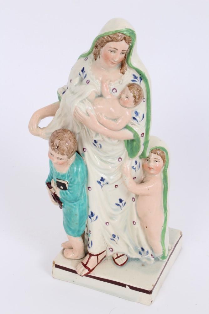 Pair early 19th century pearlware square based figures depicting Faith and Hope - one holding - Image 2 of 8