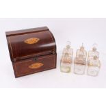 George III inlaid mahogany bureau-shaped decanter box with boxwood paterae rising lid,