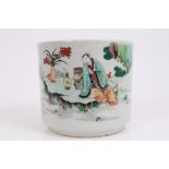 19th / 20th century Chinese famille verte cylindrical brush pot with painted figure decoration in