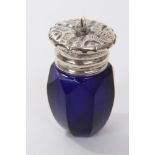19th century white metal and Bristol blue glass vinaigrette with embossed screw-on hinged cover and