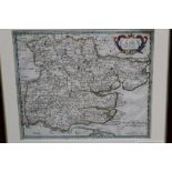 Robert Morden (1650 - 1703), hand-coloured engraved map of Essex, in glazed frame,