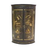 George III black chinoiserie lacquered bow front hanging corner cupboard with shaped shelves