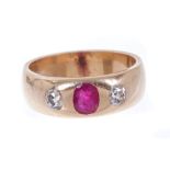 Victorian ruby and diamond three stone ring with oval cut ruby and two old cut diamonds estimated