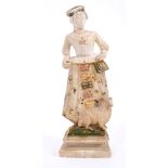 Scarce 18th century carved and polychrome painted alabaster figure of a shepherdess,