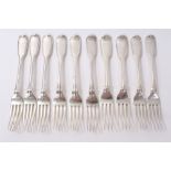 Three Victorian silver fiddle and thread pattern table forks (London 1845),