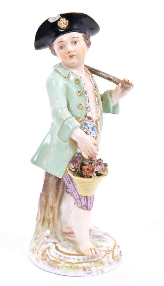 19th century Meissen porcelain figure of a gardener with hoe and basket of flowers, - Image 2 of 3