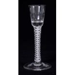 Fine Georgian cordial glass with short fluted bowl on thick double opaque-twist stem on splayed