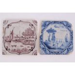 Two 18th century English Delft tiles - in blue and white and manganese,