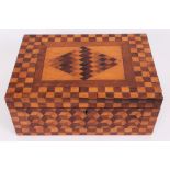 Victorian parquetry inlaid needlework box with rosewood, satinwood,