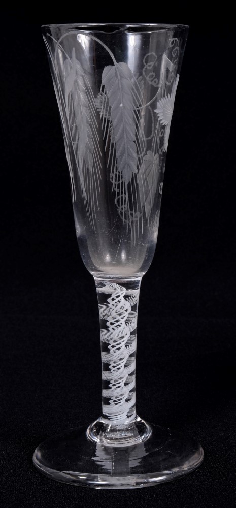 Georgian ale flute with hop engraved long bowl, double opaque-twist stem on splayed foot, 17.