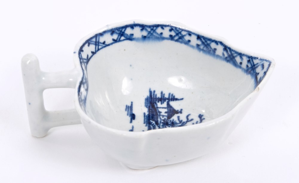 18th century Lowestoft blue and white leaf-shaped butter boat with landscape decoration and hatched - Image 2 of 3