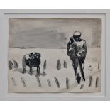 *Josef Herman (1911 - 2000), monochrome watercolour - farm worker and a dog, in glazed frame,