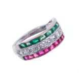 Art Deco diamond, emerald and ruby triple row ring,