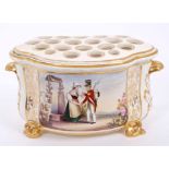 Early 19th century Derby bough pot and cover with painted scene of a 'soldier's farewell',
