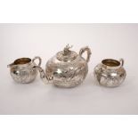 Fine quality late 19th century Chinese silver three piece tea set by Wang Hing,