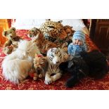 Vintage Merrythought pyjama case in the form of a cat and a menagerie of other soft toys