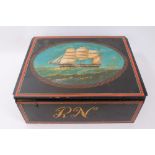 19th century-style painted ship's box with three masted galleon to the hinged lid,