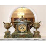 Early twentieth century Continental green onyx and gilt metal mounted clock garniture of