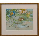 Kay Nixon (1895 - 1988), watercolour and gouache illustration - Frogs and a Kingfisher, signed,
