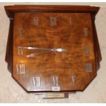 Art Deco walnut wall clock of shield shape form with presentation plaque,
