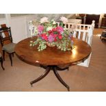 Regency-style mahogany circular dining table on cannon-barrel support and reeded splayed legs on