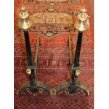 Good pair of iron and steel fire dogs, neoclassical-style, with urn finials,