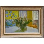 *Fred Dubery (born 1926), oil on board - White tulips in sunlit room 1991,