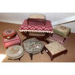 Collection of Victorian and later foot stools, mostly with needlework upholstered tops,