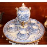 Edwardian Copeland blue and white tea service with central samovar on integral lazy susan tray-top