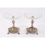 Pair of late nineteenth century silver plated comports with cut glass dishes supported on columns