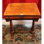 Early Victorian flame mahogany side table with single cushion drawer raised on lappet carved turned