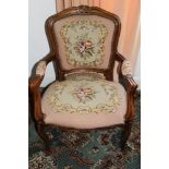 Eighteenth century-style carved beech and needlework upholstered open elbow chair with pad back,