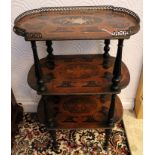 Late nineteenth century French marquetry inlaid three tier étagère with pierced gilt metal gallery