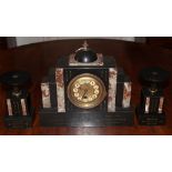 Victorian slate and marble clock garniture, another Victorian slate mantel clock,