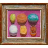 Sargy Mann (born 1937), oil - Six soaps on a pink background,