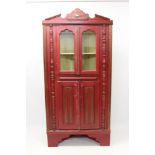 Antique Eastern European painted standing corner cupboard with glazed panel doors above,