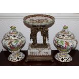 Pair of Sampson porcelain squat vases and covers of lobed baluster form with pierced borders and