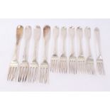 Set of four George III silver fiddle pattern dinner forks, various dated and marked, crested,