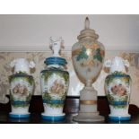 Late nineteenth / early twentieth century garniture of three milk glass and polychrome decorated