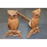 Novelty pair of antique cast iron fire dogs with owl-form uprights,