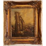 Continental oil on copper - cattle watering beside ruins, 24cm x 20cm, in gilt frame,