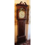 Early nineteenth century longcase clock with painted naive arched dial depicting hunting scene and
