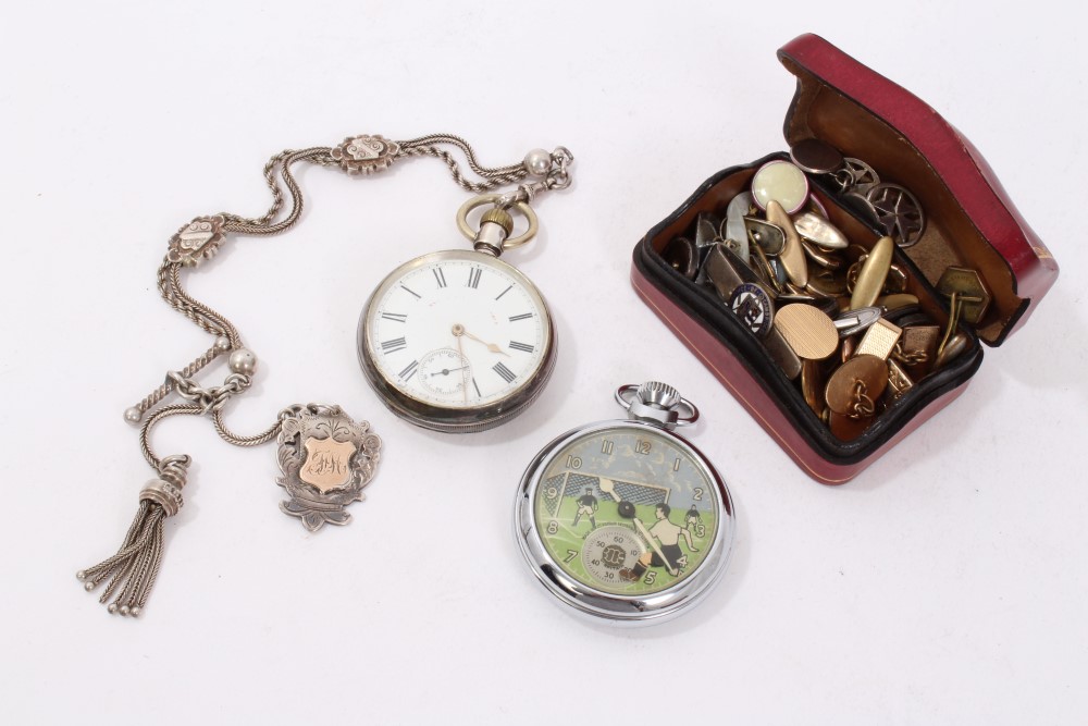 Vintage football themed fob watch together with a Victorian silver pocket watch on chain and a box