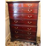 George III and later mahogany chest on chest with an arrangement of six drawers,