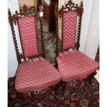 Pair of Victorian walnut hall chairs with spiral twist supports,