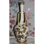 Royal Worcester blush ivory two handled vase with trailing gilt Passion flower ornament,